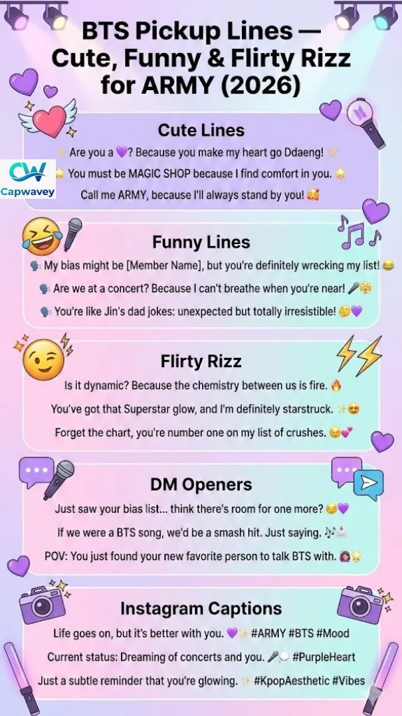 Infographic showing cute, funny, and flirty BTS pickup lines for ARMY fans, including DM openers and Instagram caption ideas inspired by BTS songs and fandom culture.
