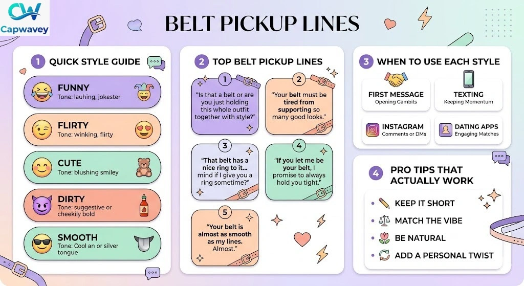 Belt pickup lines infographic showing funny, flirty, cute, and smooth rizz lines with tips for Tinder, texting, and social media flirting.