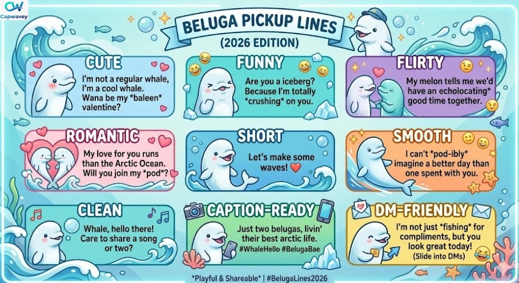 Infographic of 2026 Beluga Pickup Lines, organized by categories like Cute, Funny, Flirty, Romantic, Short, Smooth, Clean, and DM-Friendly, with playful beluga whale illustrations and ocean-themed icons.