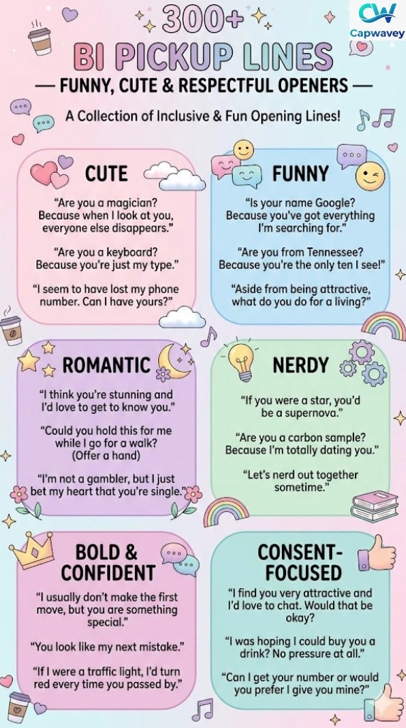 Infographic showing 300+ bi pickup lines divided into sections: Cute, Funny, Romantic, Nerdy, Bold & Confident, and Consent-Focused, with colourful rainbow-themed pastel design and playful icons like hearts, chat bubbles, and coffee cups.
