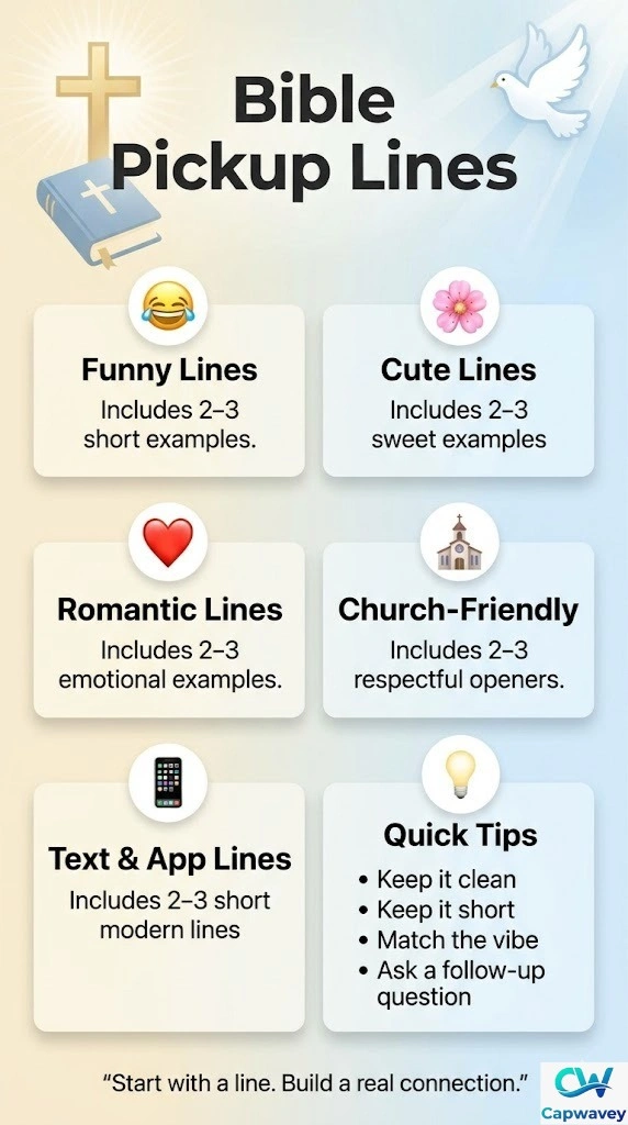 Bible pickup lines infographic showing funny, cute, romantic, and church-friendly Christian pickup lines with tips for respectful faith-based flirting in 2026.