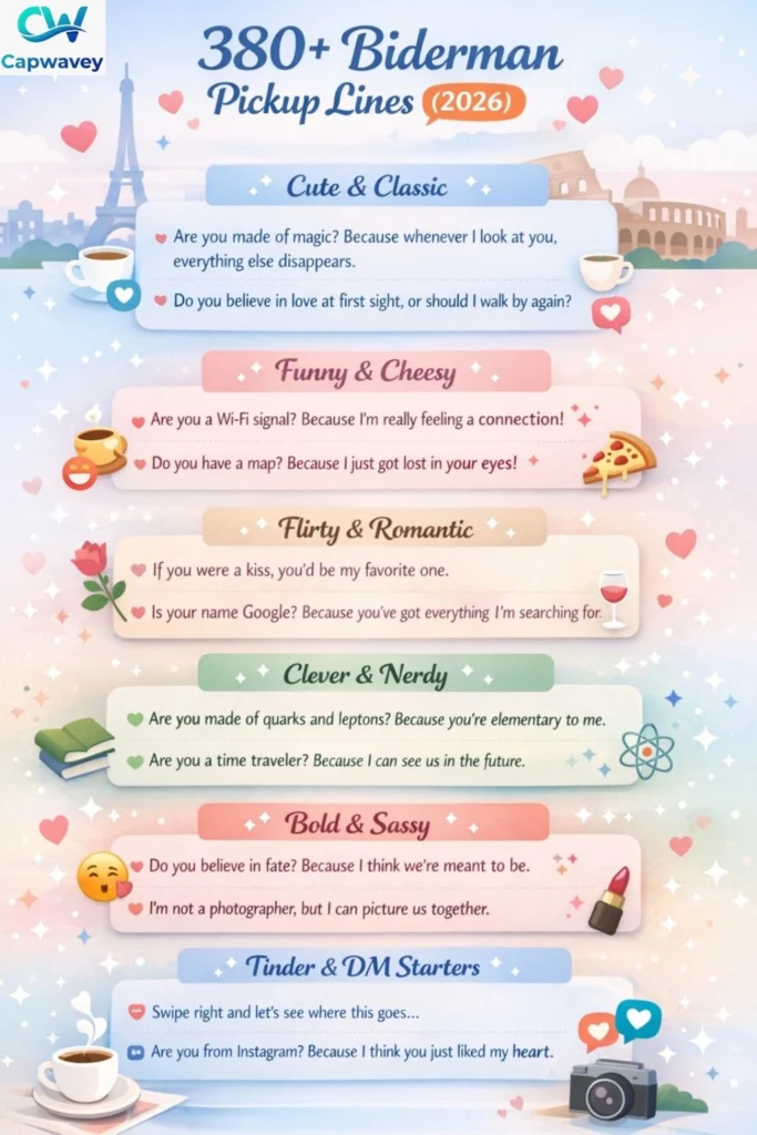 380+ Biderman pickup lines infographic showing cute, funny, flirty, and Tinder-ready openers with examples and categories for dating apps and DMs.