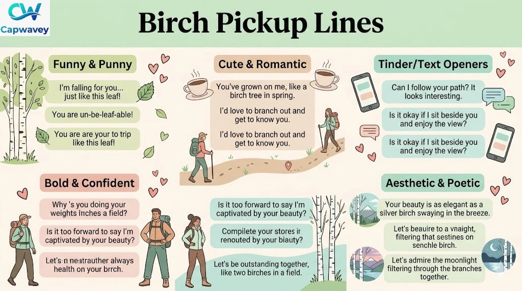 “Infographic showing 300+ birch-themed pickup lines, organized by categories like Funny, Romantic, Nerdy, Tinder, Bold, and Poetic, with pastel colors, birch tree illustrations, and playful icons.”