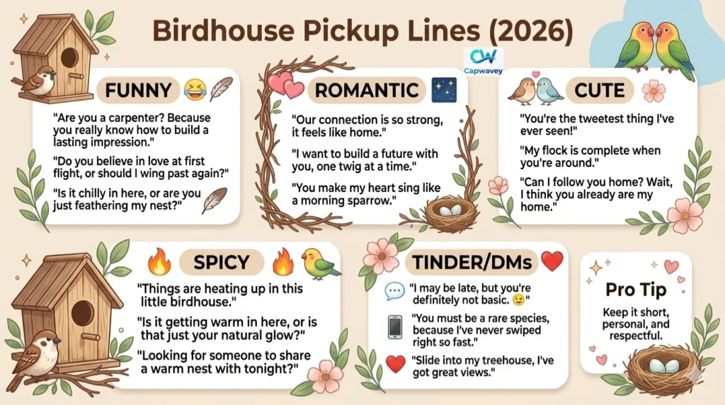 Birdhouse pickup lines infographic showing funny, romantic, cute, and flirty nest-themed lines for Tinder, DMs, and social media captions.