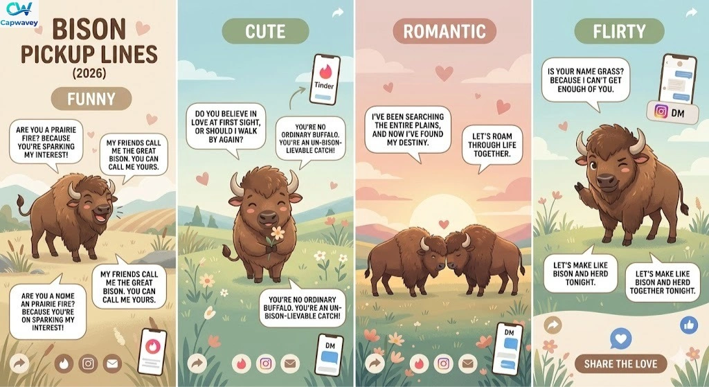 "Infographic showing 225+ Bison Pickup Lines (2026) with cute, funny, romantic, and flirty sections, illustrated bison, prairie scenery, and social media icons for Tinder and Instagram."