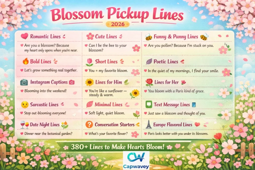 "Blossom Pickup Lines infographic 2026 — 15 playful and romantic flower-themed pickup lines categories for texts, DMs, and Instagram captions, with pastel floral design."