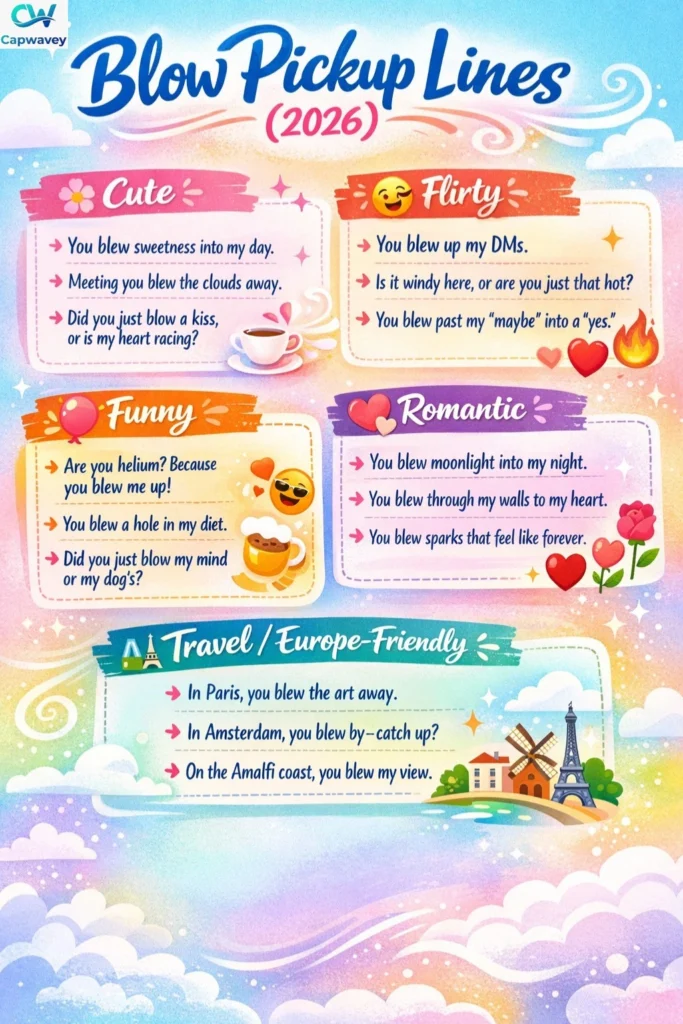 “Infographic showcasing 2026 blow pickup lines divided into Cute, Flirty, Funny, Romantic, and Europe-Friendly categories with playful icons and bright design.”
