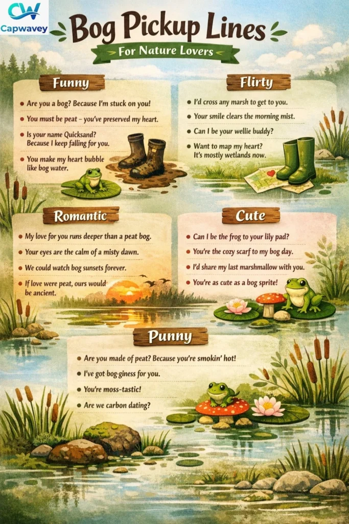 “Infographic featuring 15+ bog pickup lines for nature lovers, including categories like funny, flirty, romantic, cute, and punny, with illustrations of marshes, moss, lily pads, frogs, and misty wetlands.”