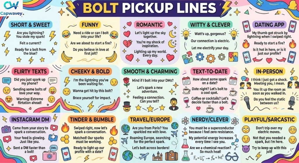 "Infographic of 15 categories of bolt pickup lines with colorful icons, examples, and tips to spark attraction, perfect for dating apps, text messages, and in-person flirts."