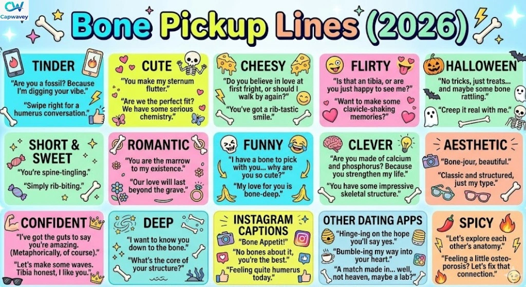 "Colorful infographic showing 15 categories of bone pickup lines with playful skeleton and bone icons, perfect for Tinder, Instagram, Halloween, and messaging apps."