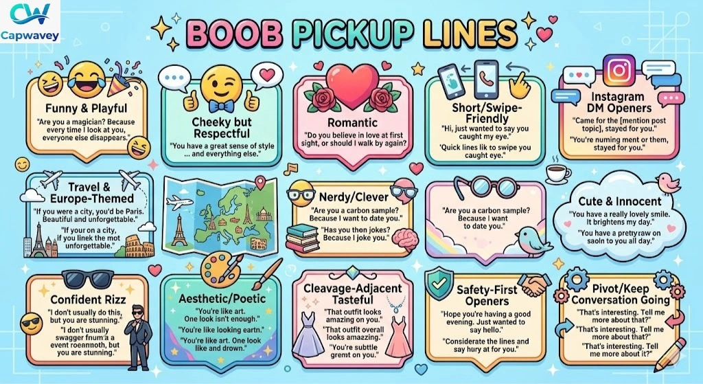 “Infographic showing 15 categories of best boob pickup lines with playful, respectful, and Europe-friendly examples, including humorous, romantic, swipe-friendly, Instagram DM, and travel-themed openers.”