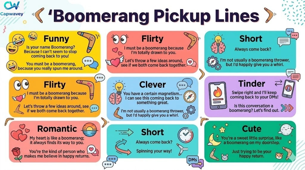 "Colorful infographic showing 225+ boomerang pickup lines organized by category: Funny, Flirty, Romantic, Clever, Short, Tinder, and Cute, with playful icons like hearts and boomerangs."