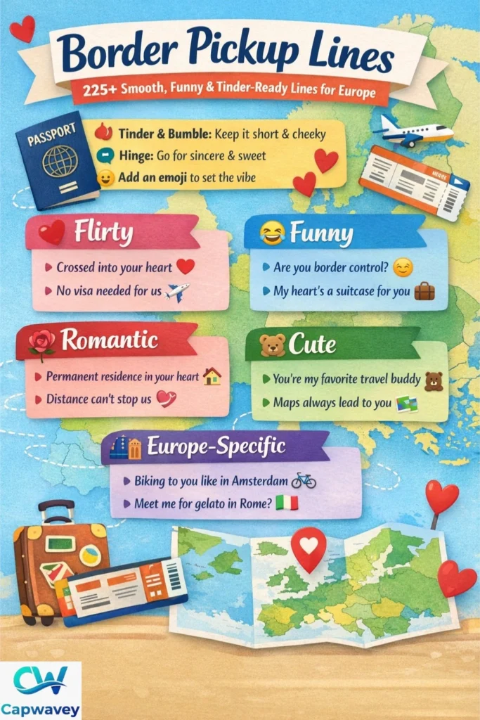 “Infographic of 225+ border pickup lines for Europe in 2026, including flirty, funny, romantic, and Tinder-ready lines with travel-themed icons like passports, maps, and hearts.”
