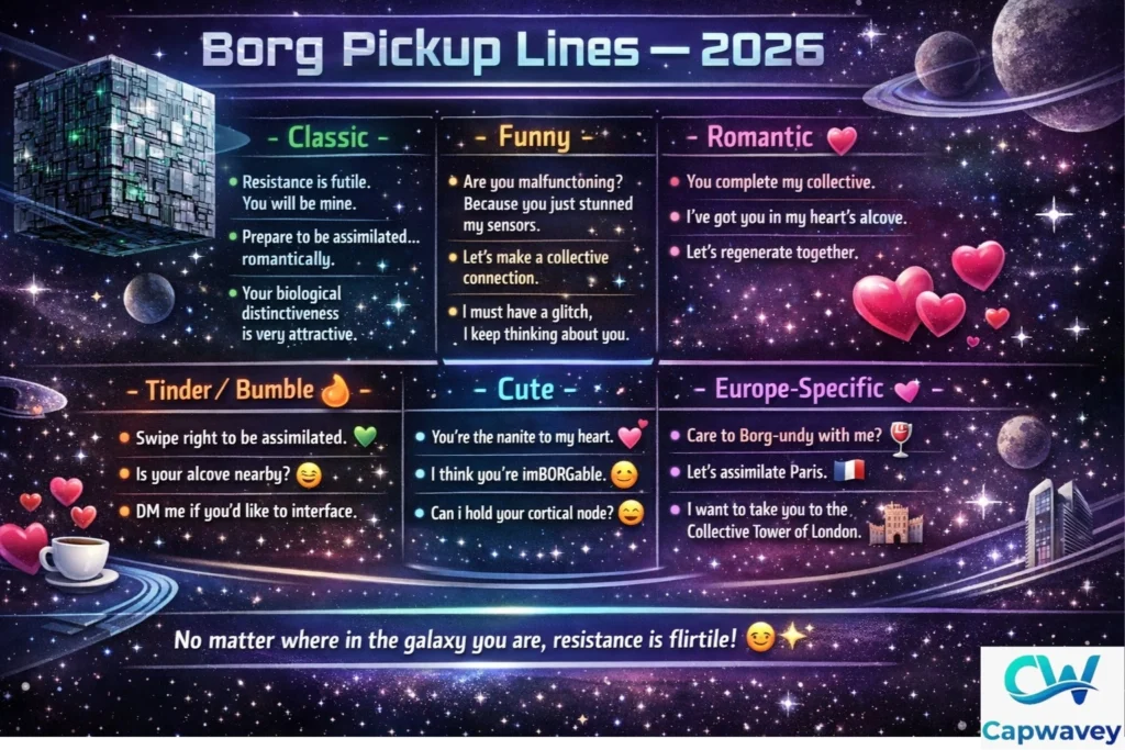 "Infographic of Borg Pickup Lines 2026 with categories: Classic, Funny, Romantic, Tinder/Bumble, Cute, Europe-Specific, featuring Star Trek-inspired visuals, Borg cube, hearts, emojis, and playful space-themed design."