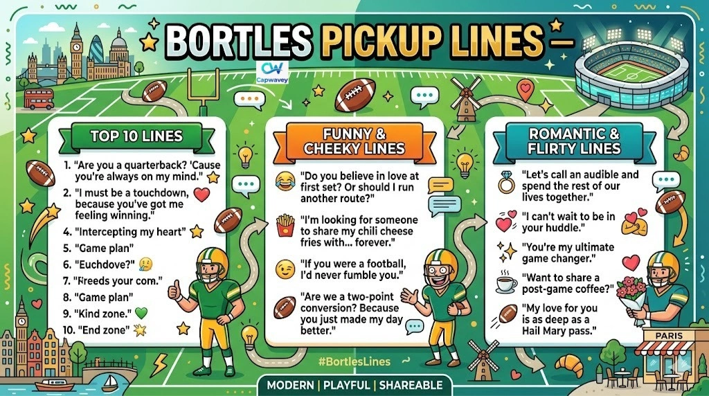 “Ultimate Bortles Pickup Lines infographic showing top 10, funny, and romantic lines for dating apps, with football-themed icons and playful emojis.”