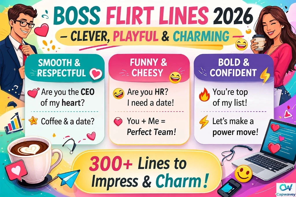 “Colorful infographic showing Ultimate Boss Pickup Lines with smooth, funny, and bold flirting examples in an office-dating theme.”