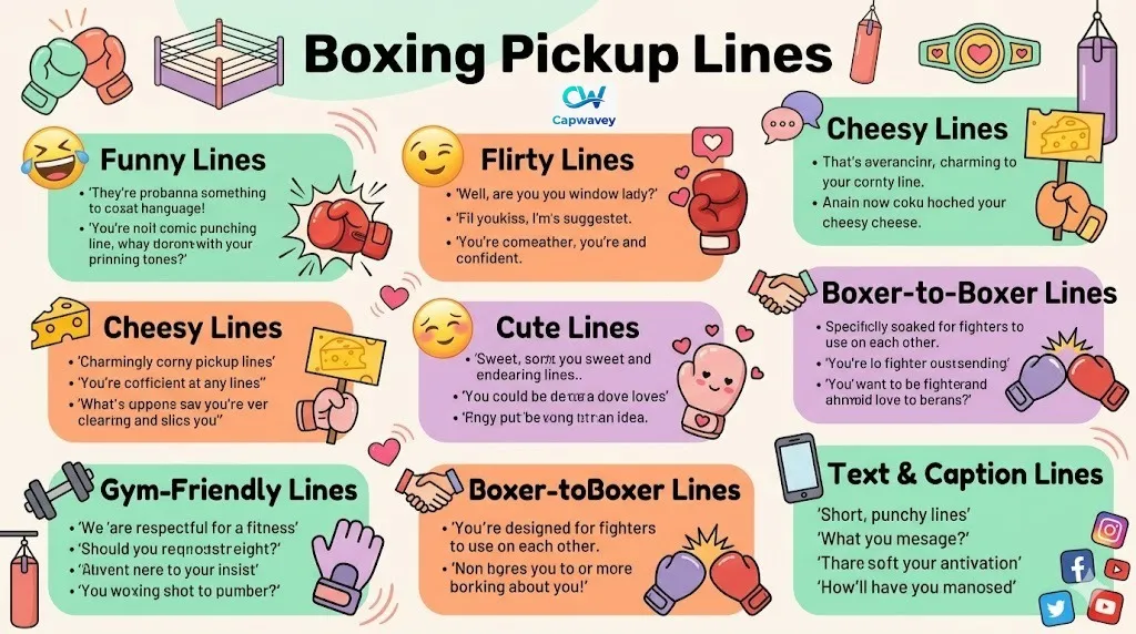 Infographic titled "225+ Boxing Pickup Lines That Actually Land" featuring boxing gloves, ring, chat bubbles, hearts, and colorful sections for funny, flirty, cheesy, cute, gym-friendly, boxer-to-boxer, and caption lines.