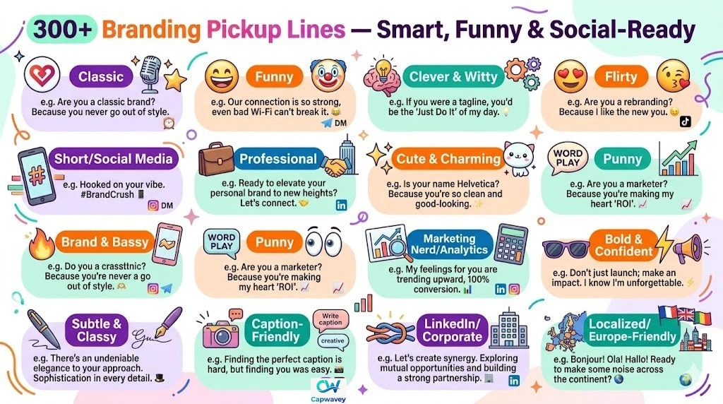 Infographic showcasing 300+ branding pickup lines categorized by style: classic, funny, clever, flirty, social media-ready, professional, cute, punny, analytics, bold, classy, caption-friendly, LinkedIn, and Europe-friendly. Designed for marketers, founders, and social media users to boost engagement and conversation.
