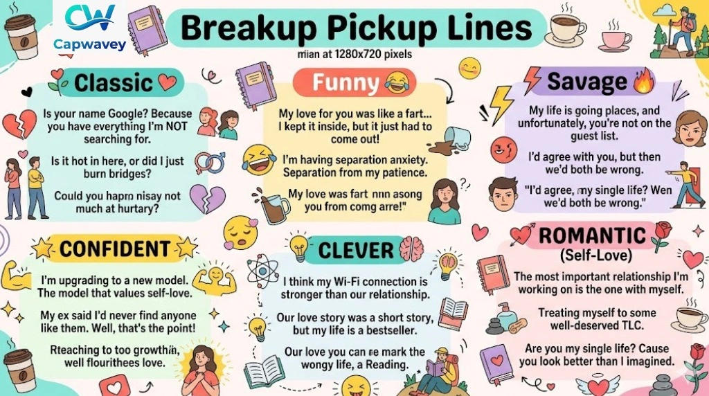 "Infographic showing 225+ breakup pickup lines categorized into Classic, Funny, Savage, Confident, Clever, and Romantic, with colorful illustrations of broken hearts, coffee cups, emojis, and social media icons."