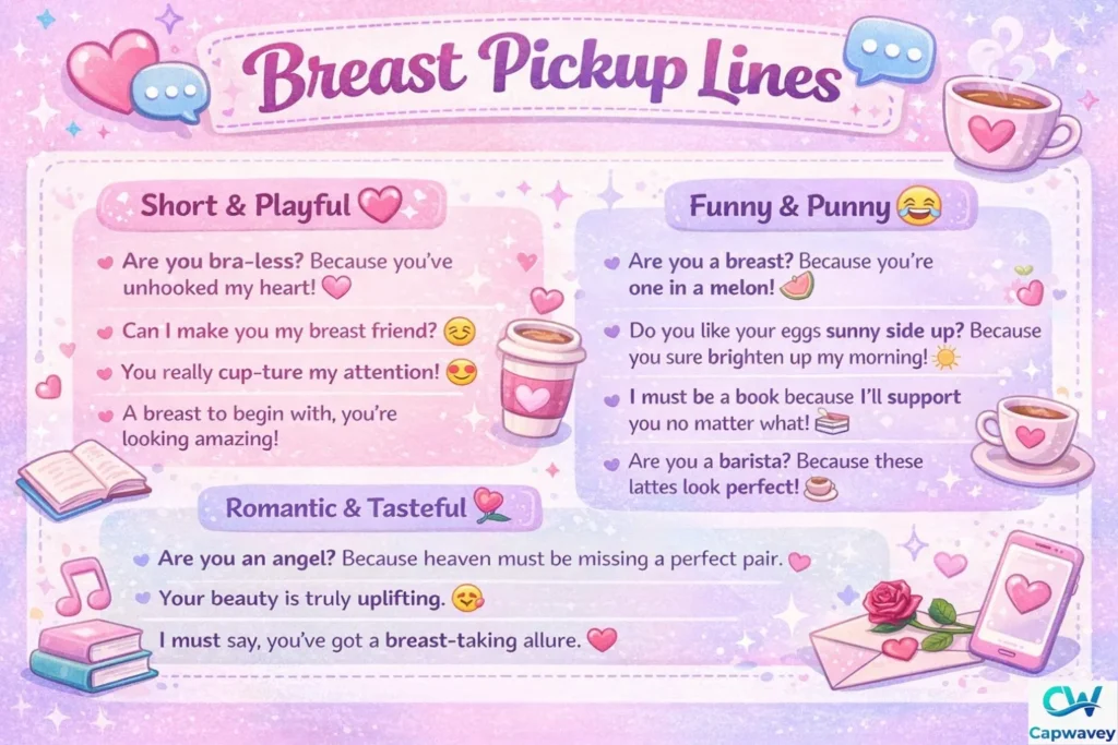 “Infographic of 225 respectful, modern, and funny pickup lines for flirting, including playful, punny, and romantic examples for dating apps, social media, and casual conversations.”