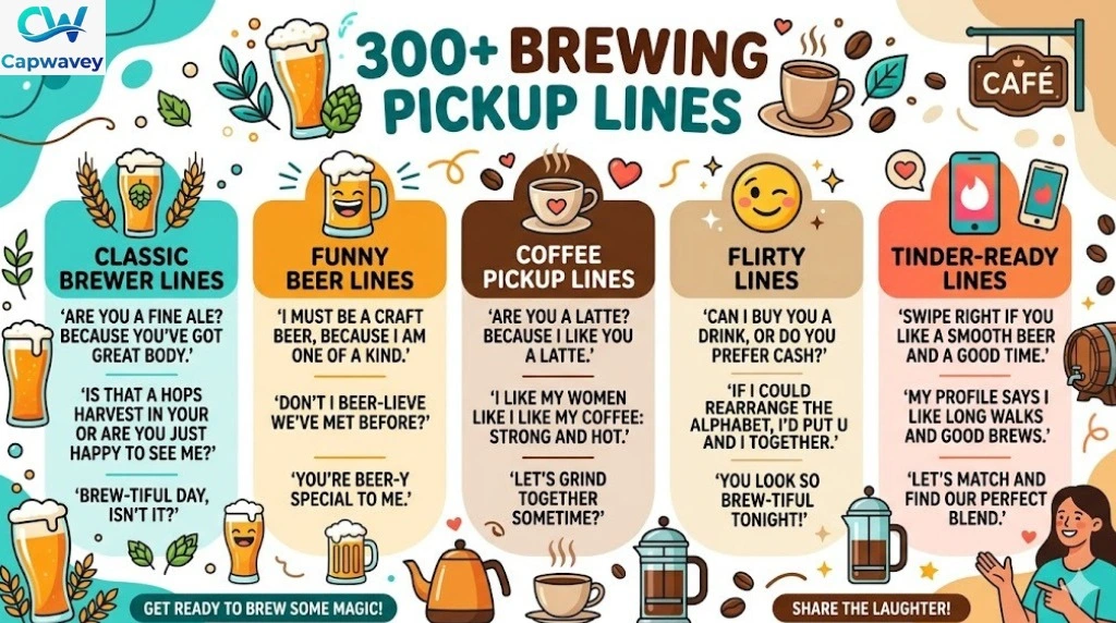 “Infographic of 300+ Brewing Pickup Lines for beer lovers, coffee fans, and brewers, including funny, flirty, and Tinder-ready lines for Europe.”