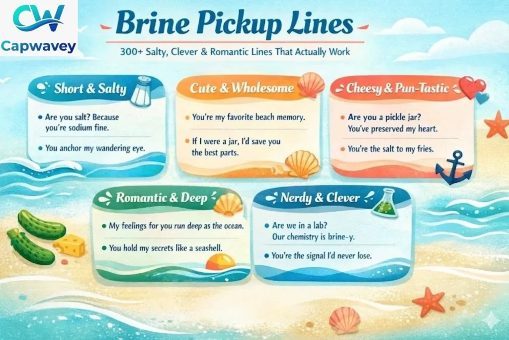 Brine pickup lines infographic featuring 300+ salty, cute, romantic and funny ocean-themed pickup lines for Tinder, DMs and social captions.