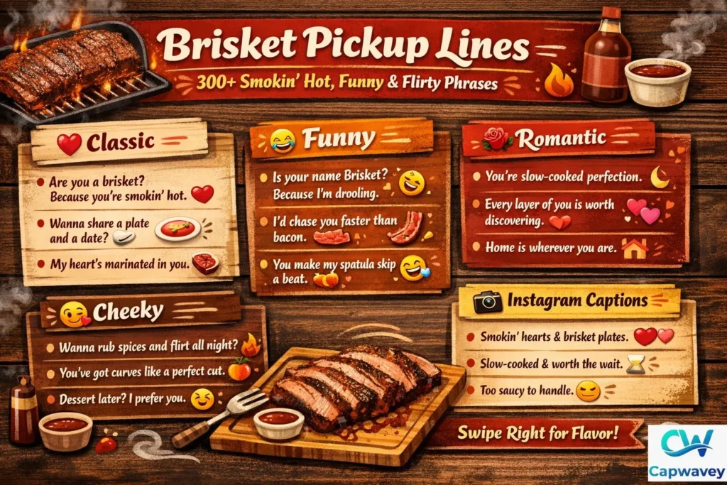 “Infographic of 300+ brisket pickup lines organized by category — Classic, Funny, Romantic, Cheeky, Instagram Captions — featuring BBQ-themed icons, emojis, and colorful grill-inspired design for dating, social media, and cookouts.”