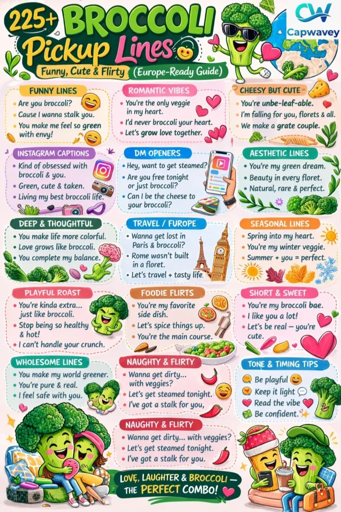 "Infographic of 225+ broccoli pickup lines organized into 15 categories including funny, romantic, Instagram captions, foodie, travel-friendly, and more. Bright, playful, and shareable design with emojis and broccoli illustrations."