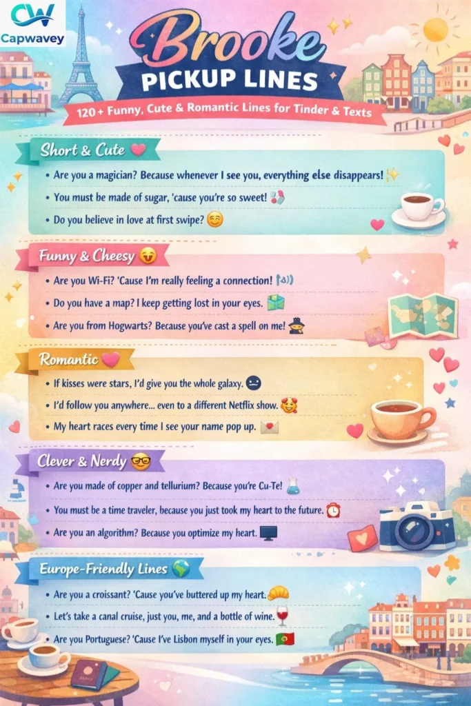"Infographic showing 120+ Brooke Pickup Lines organized into Short & Cute, Funny & Cheesy, Romantic, Clever & Nerdy, and Europe-Friendly sections. Features playful emojis, colorful icons, and subtle European landmarks. Bold, readable fonts and pastel gradient colors make it mobile and desktop friendly."