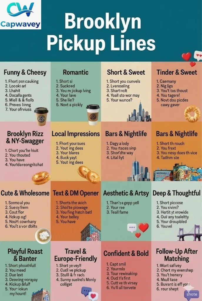 Infographic displaying 150 Brooklyn Pickup Lines organized into 15 sections, including Funny & Cheesy, Romantic, Tinder Openers, and Bars & Nightlife, with playful Brooklyn-themed visuals such as coffee cups, bagels, skyline, rooftops, murals, bridges, hearts, and chat bubbles.