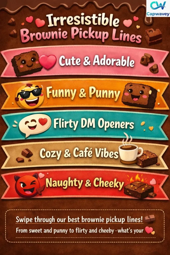 "Colorful infographic showcasing 5 categories of brownie pickup lines: Cute & Adorable, Funny & Punny, Flirty DM Openers, Cozy Café Vibes, and Naughty & Cheeky. Features cartoon-style brownies, hearts, coffee cups, and playful emojis for Instagram, DMs, and social sharing."