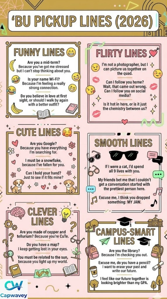"BU Pickup Lines (2026) infographic featuring 225+ funny, flirty, cute, smooth, clever, and campus-smart lines for students, with playful icons, campus graphics, and vibrant colors."