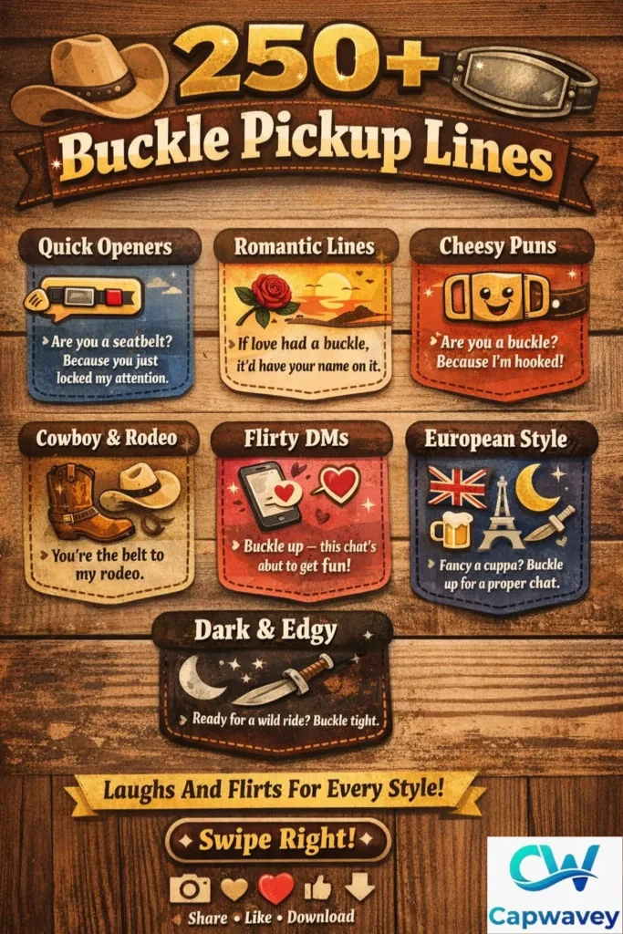 "Infographic showing 250+ Buckle Pickup Lines divided into categories: Quick Openers, Romantic Lines, Cheesy Puns, Cowboy & Rodeo, Flirty DMs, European Style, Dark & Edgy, with fun cartoon illustrations of belts, buckles, hearts, and chat bubbles."