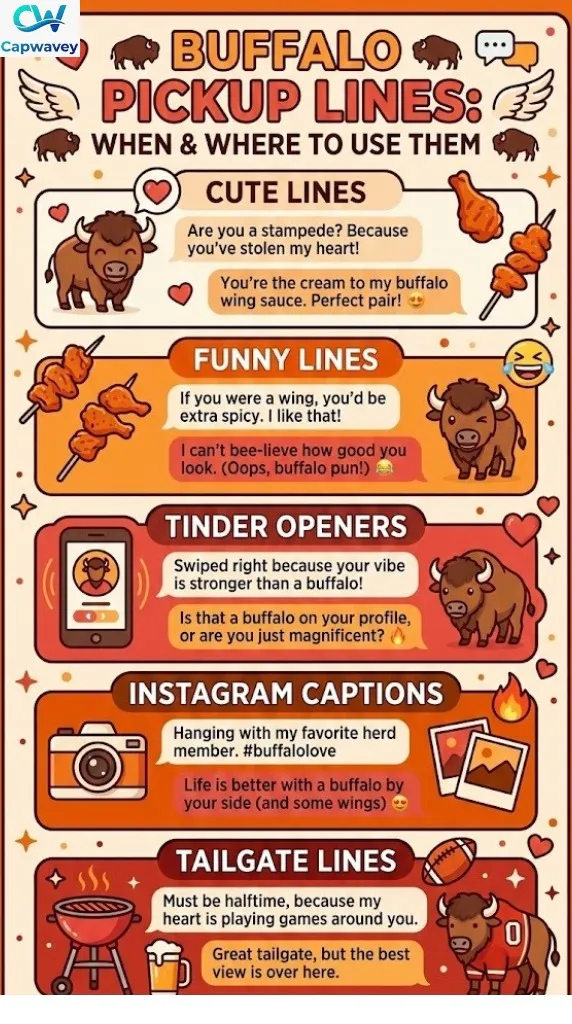 Buffalo pickup lines infographic showing cute, funny, Tinder, Instagram caption, and tailgate pickup line examples.