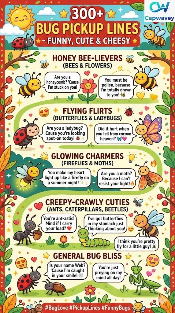Infographic featuring 300+ funny, cute, and cheesy bug-themed pickup lines with cartoon insects like ladybugs, bees, butterflies, and fireflies in speech bubbles.