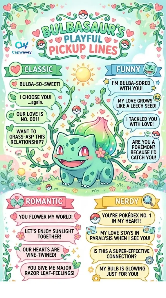 Infographic showing cute, funny, and nerdy Bulbasaur pickup lines with cartoon Bulbasaur, hearts, vines, and playful icons for Tinder, Instagram, and IRL flirting.