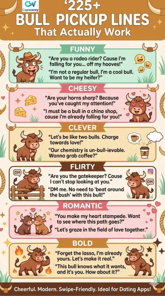 “Infographic showing 225+ bull-themed pickup lines divided into categories like funny, cheesy, clever, flirty, romantic, and bold, with playful bull and rodeo illustrations, perfect for Tinder, Instagram, and messaging.”