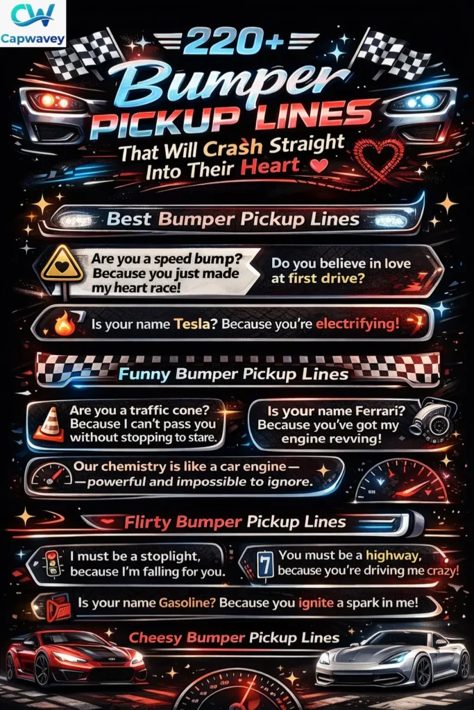 Infographic showing 220+ bumper pickup lines including funny, flirty, cute, and cheesy car-themed pickup lines for Tinder, Instagram, and car lovers.
