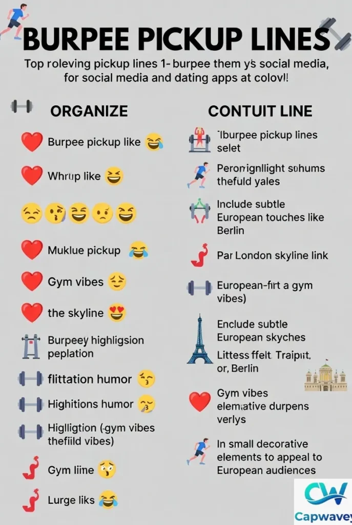 "Infographic showing 15 funny and flirty burpee pickup lines for gyms, Tinder, and dating apps in Europe with playful icons and emojis."
