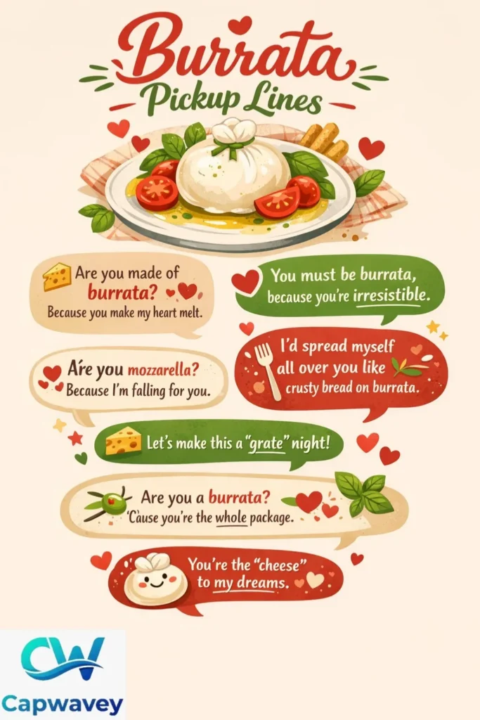 Burrata pickup lines infographic featuring funny cheesy flirting lines inspired by creamy Italian burrata cheese.