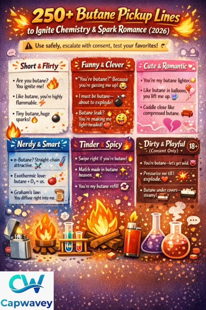 “Infographic displaying 250+ butane pickup lines for 2026, organized into six categories: Short & Flirty, Funny & Clever, Cute & Romantic, Nerdy & Smart, Tinder & Spicy, Dirty & Playful. Features emoji accents, flames, lighters, sparks, campfires, and chemistry icons. Designed for dating apps, texting, and conversational AI.”
