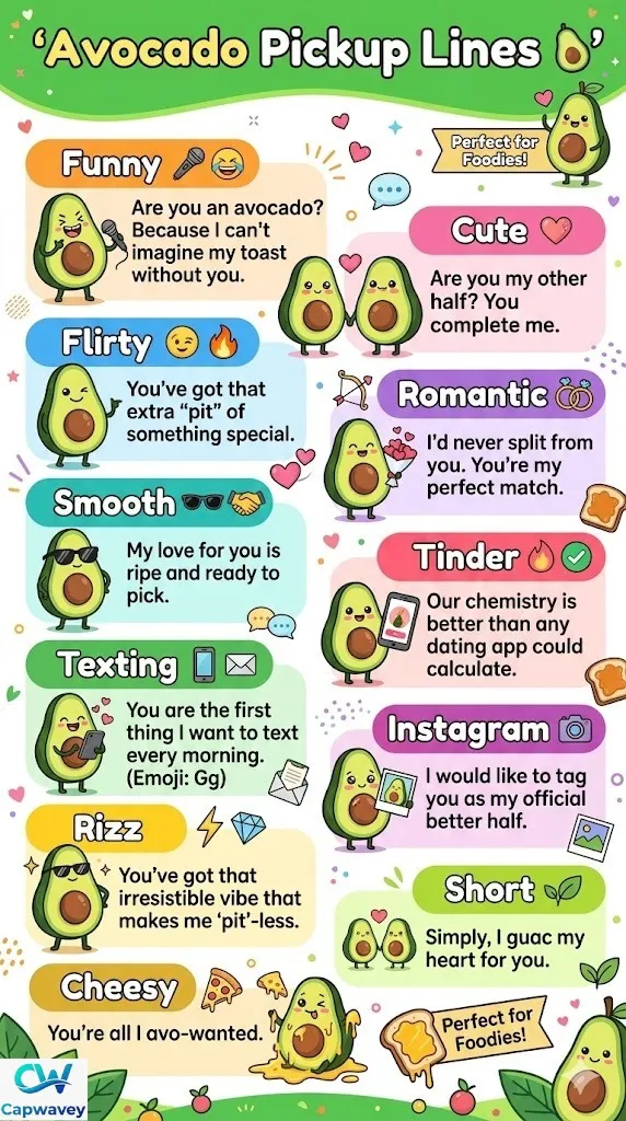 "Colorful infographic displaying 535+ avocado pickup lines divided into categories like Funny, Cute, Flirty, Romantic, Smooth, Tinder, Texting, Instagram, Rizz, Short, and Cheesy, with cartoon avocados and playful icons."