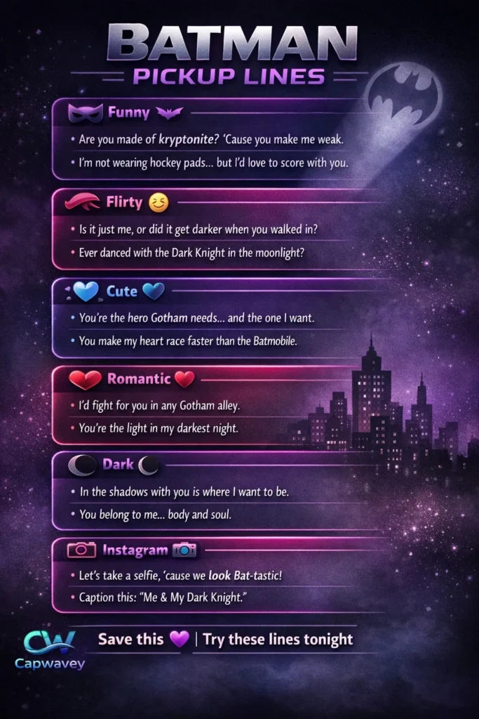 Dark Knight Batman pickup lines infographic (2026) featuring funny, flirty, cute, romantic, and dark rizz lines with a purple neon Gotham-style design for Instagram, texting, and social media.