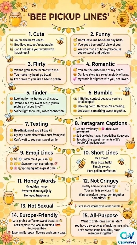 "Infographic with 300+ bee pickup lines for Tinder, Bumble, texting, Instagram, and romantic use, featuring cute, funny, flirty, and clean lines with bees, honey, and flowers."