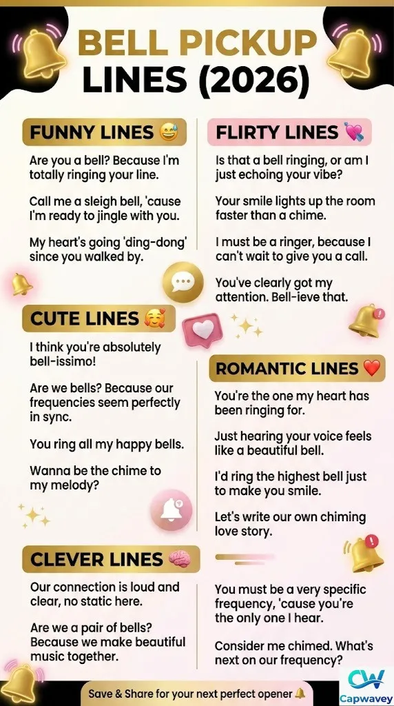 Bell pickup lines infographic featuring funny, flirty, cute, romantic, and clever bell rizz lines for Tinder, Instagram, and texting.