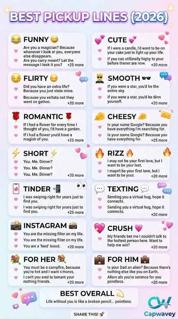 Best pickup lines 2026 infographic showing funny, flirty, cute, romantic, and Tinder pickup lines for texting, Instagram, and crush conversations.