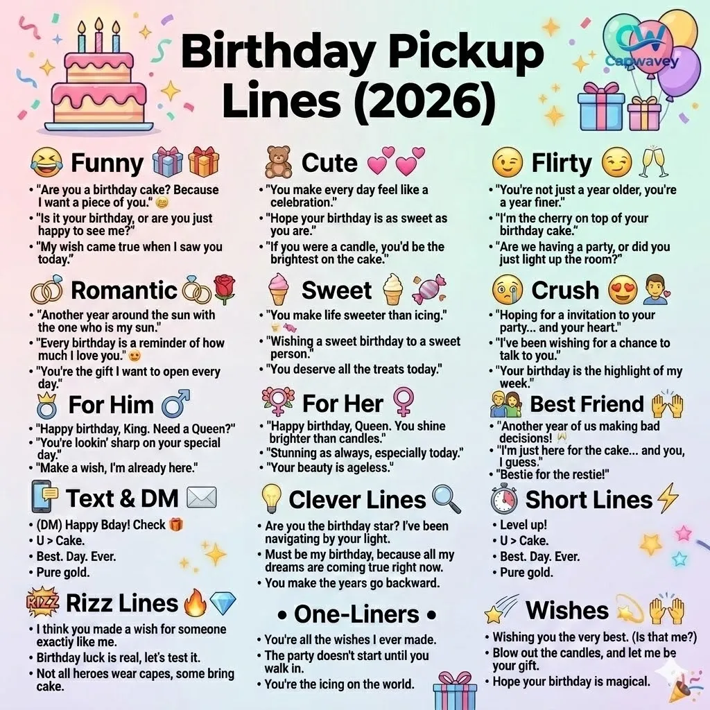 Birthday pickup lines infographic featuring funny, cute, flirty, romantic, and short pickup lines with a colorful cake, balloons, and confetti design for social media.