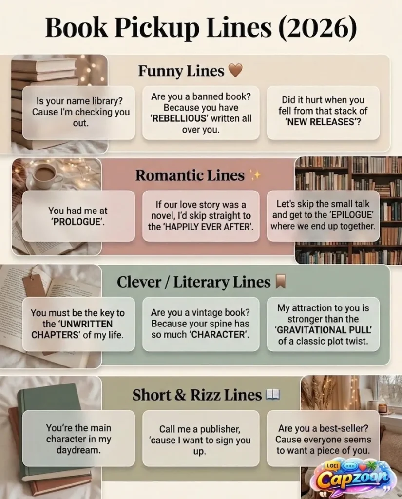 Book pickup lines infographic 2026 featuring funny, romantic, clever, and short flirty lines for book lovers in an aesthetic reading-themed design.