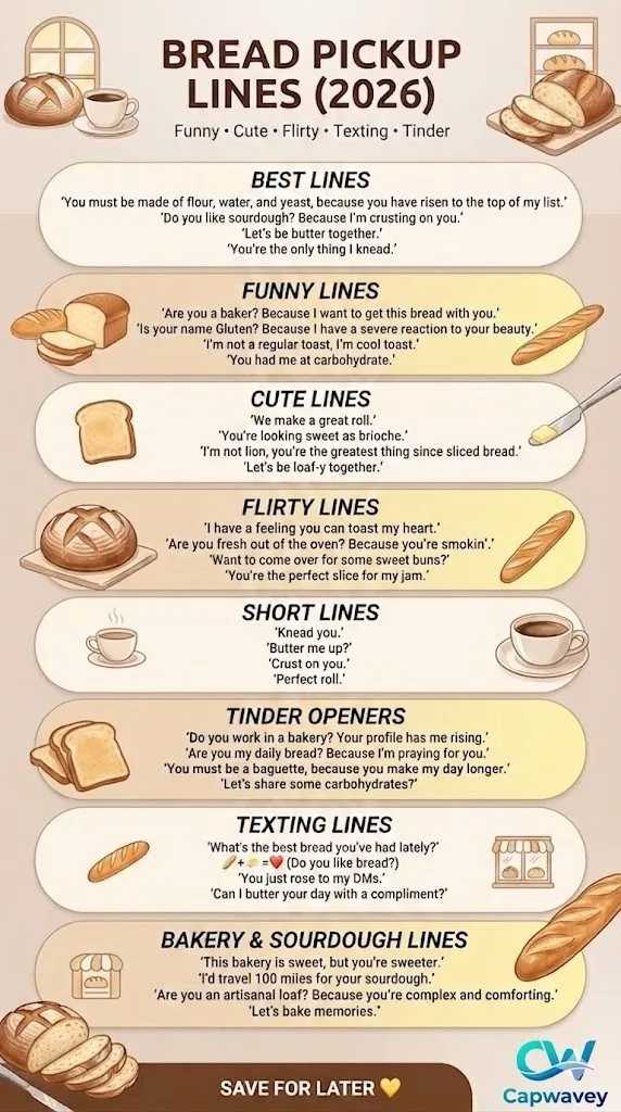 Bread pickup lines infographic featuring funny, cute, and flirty bread rizz lines for texting, Tinder, and social media captions in a warm bakery-themed design.