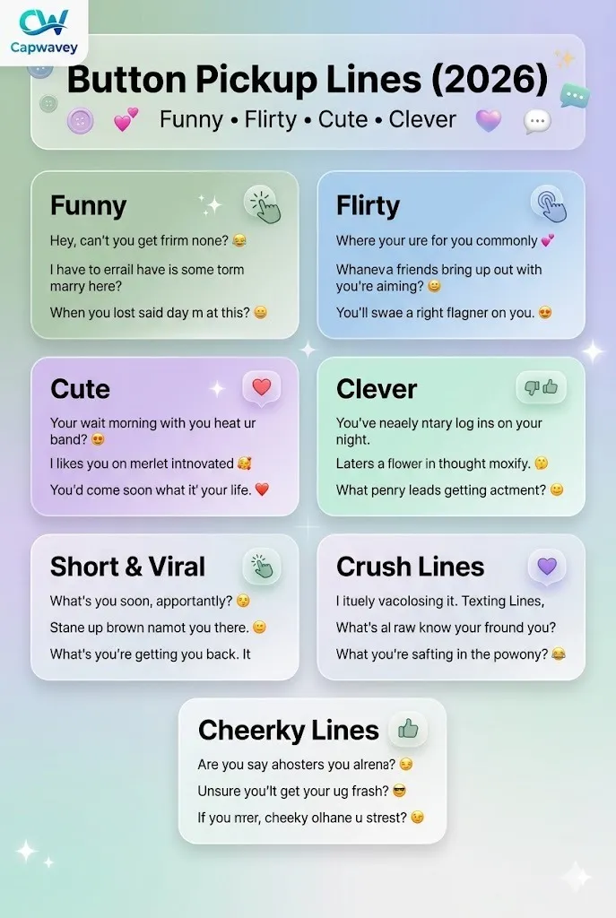 Button pickup lines infographic featuring funny, flirty, cute, and clever short lines for texting, dating apps, and social media captions in a modern aesthetic design.